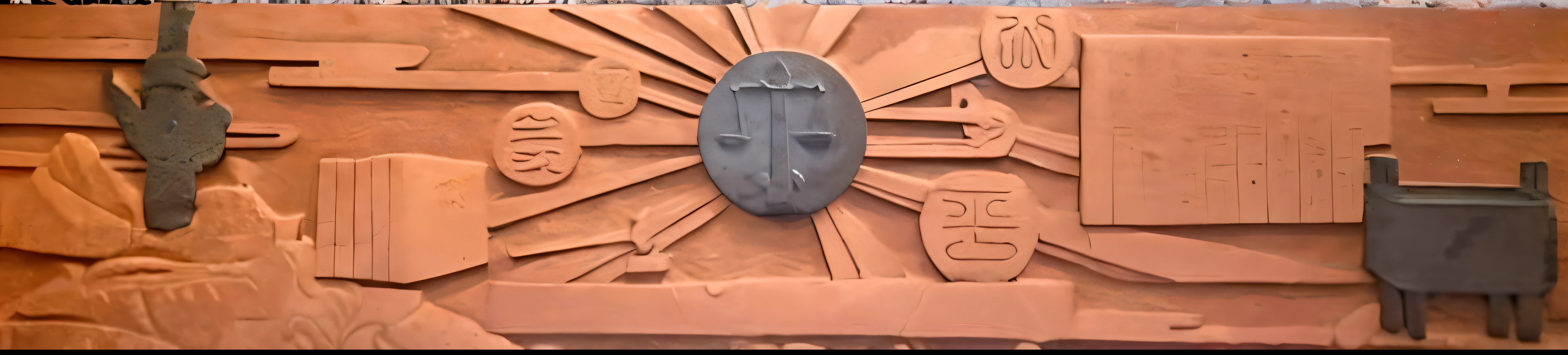 Bronze walls，There&#39;s a clock and fair scales on it, relief stone, the ancient symbols behind it, Flat relief stone, anaglyph, Chinese tripod relief, Great Wall Relief, Basrelief stone carving, etched relief, sundial, libra symbol, inscribed with occult symbols, anaglyph, symbolic mural, illegible rose cross symbol