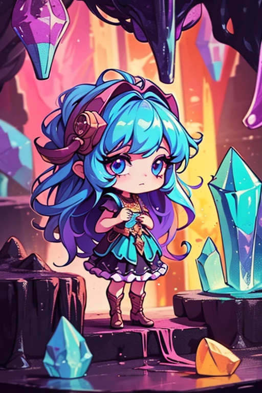 A cute little chibi girl in a cave with crystal caves. The girl is standing in the colorful cave, surrounded by shimmering crystals. She is illustrated in an oil painting style, with vibrant colors that bring the scene to life. The painting is of the best quality, with a resolution of 4k, 8k, or higher, making it a masterpiece. The level of detail is exquisite, with every intricate feature of the girl and the cave rendered with precision. The cave is filled with various colored crystals, casting a mesmerizing glow. The girl's eyes are large and expressive, with long eyelashes that add to her charm. The cave is deep and mysterious, with hidden corners waiting to be explored. There might be a miner in the distance, exploring the caves and searching for precious gems. The scene is captured in an illustration or an oil painting, with a touch of fantasy and whimsy. The colors are vibrant and vivid, creating a sense of magic and wonder. The lighting in the cave is dramatic, casting long shadows and highlighting the sparkling crystals. The overall composition is visually stunning, capturing the beauty and enchantment of the girl in the cave.