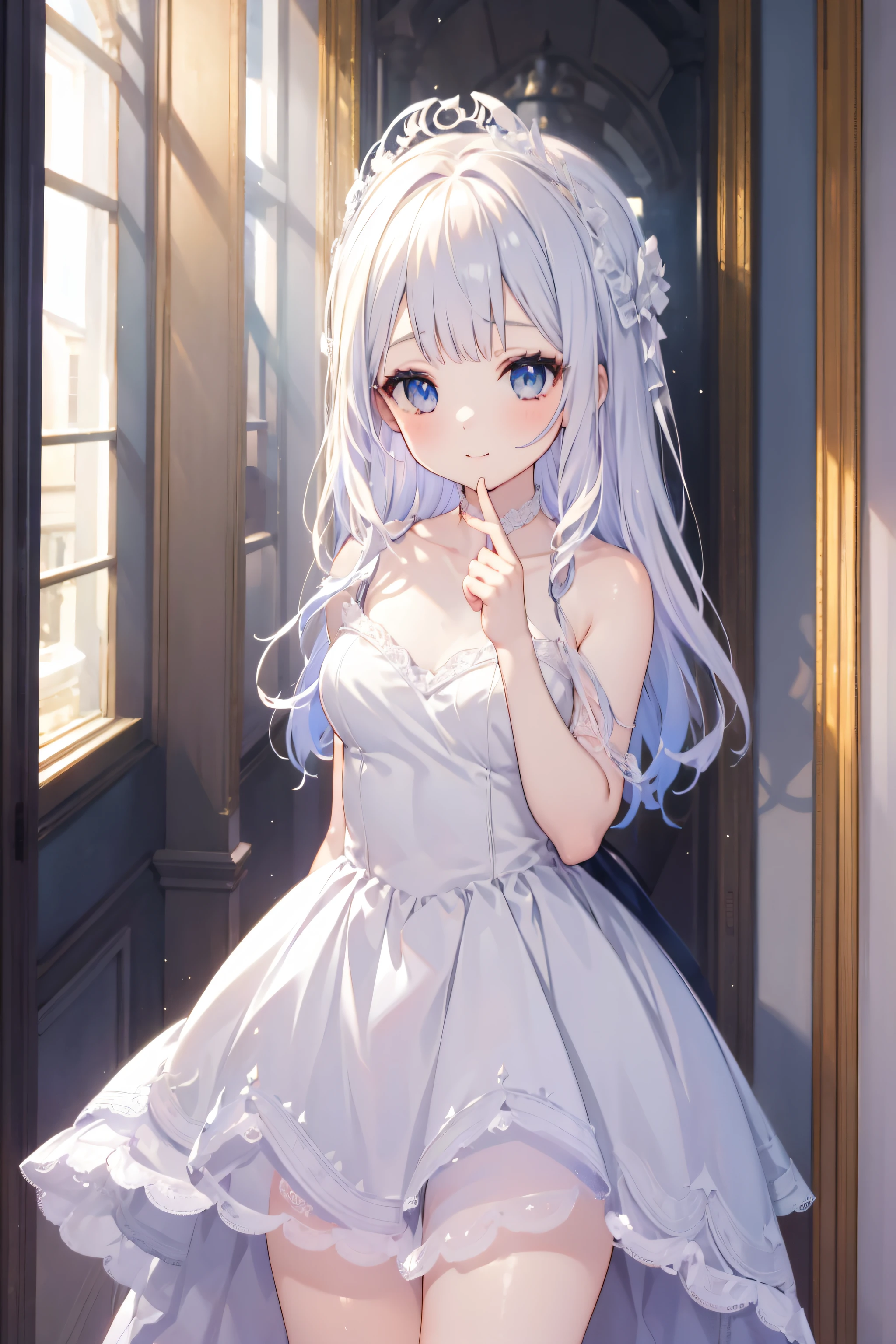 anime - fille vêtue d&#39;une robe blanche transparente, lying on the bed, séduisantes, finedetail, sourires embarrassés, robes sensuelles, grosse poitrine, Masterpiece, 16k, Yeux de pupille étoilée, cheveux blondes, yeux teints de rouge, somnolente