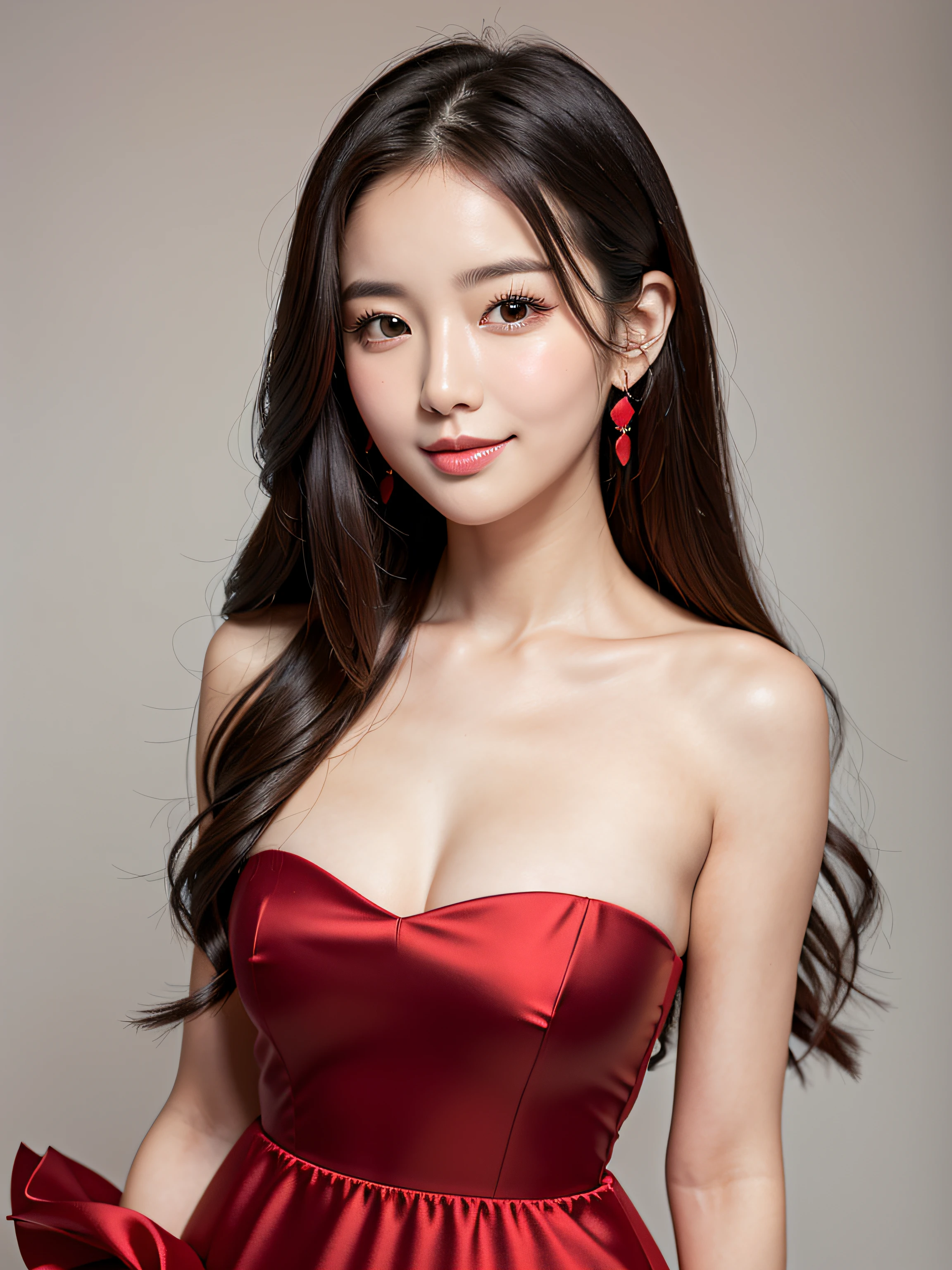 8K, (Realistic), looking_at_viewer, body looking at viewer, portrait headshot, Gorgeous young woman, very beautiful young cute woman, extremely cute, extremely beautiful, (round face), (rounded eyebrows), (prominent cheekbones), (round cheeks), cute chubby cheeks, (round and wide chin), long black hair, (big eyes), black monolid eyes, double eyelid, closed smile, thin red:0.5 lips, the most beautiful and cute woman in the world, wearing strapless female Christmas Santa dress, white backdrop