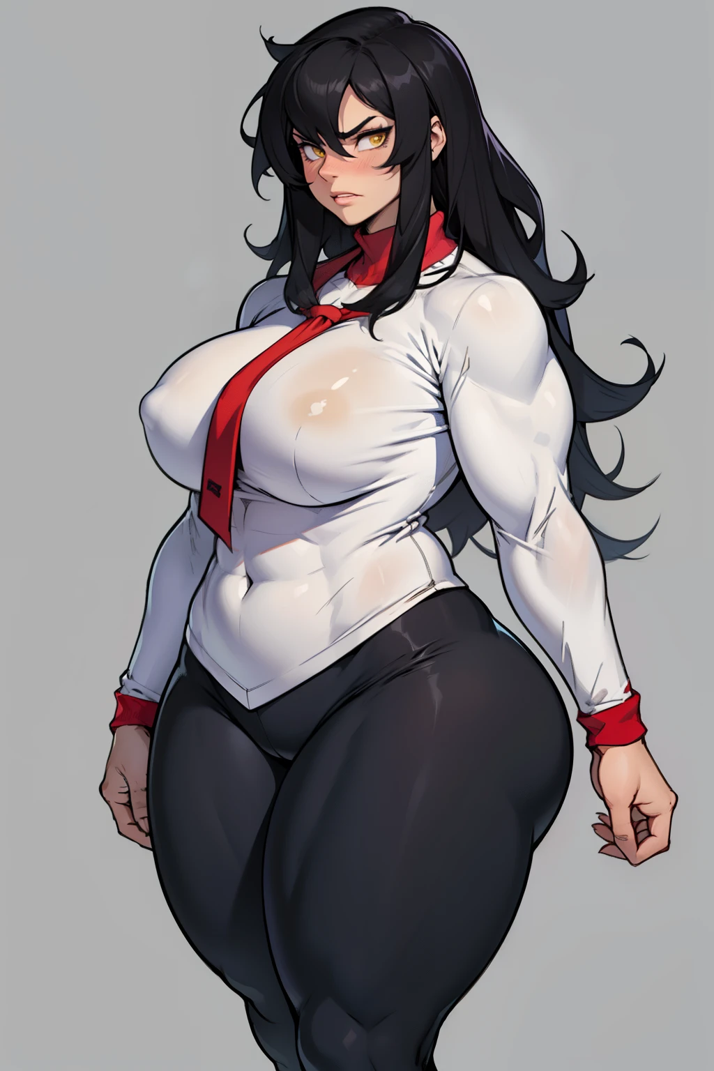 1girl solo black hair yellow eyes very long hair pale skin muscular muscular muscular muscular toned body huge muscles thick thighs girl tight clothes angry blushing hair hair leggings tight shirt long sleeves thick thick thick thick simple background
