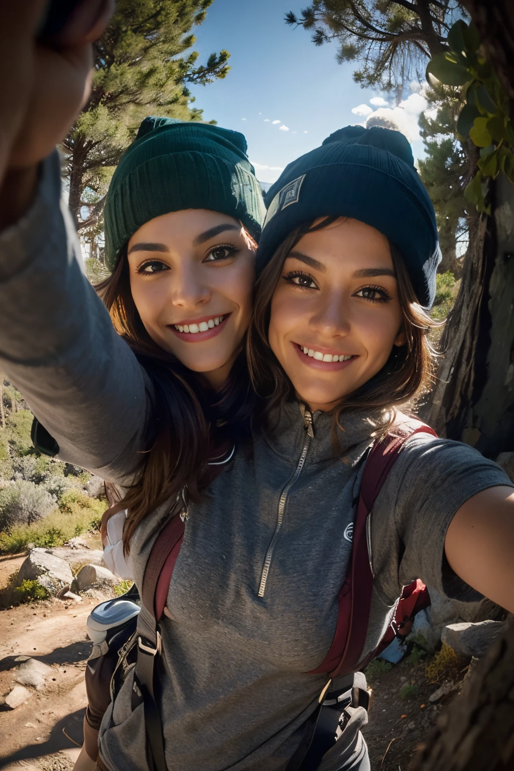 best resolution, 2 heads, latina with two heads, hiking trail background, brown hair, black eyeliner, gray eyes, 22 years old, youthful, wearing hiking gear and a beanie, messy hair, selfie shot