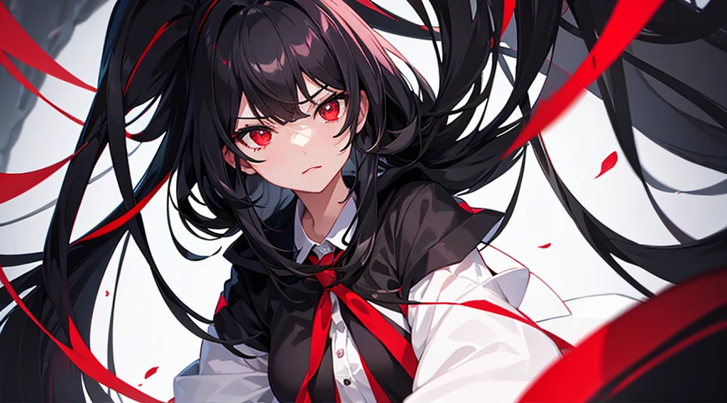 1 girl, black hair, long hair, red eyes, black school uniform, fleeting expression, slender, dark school