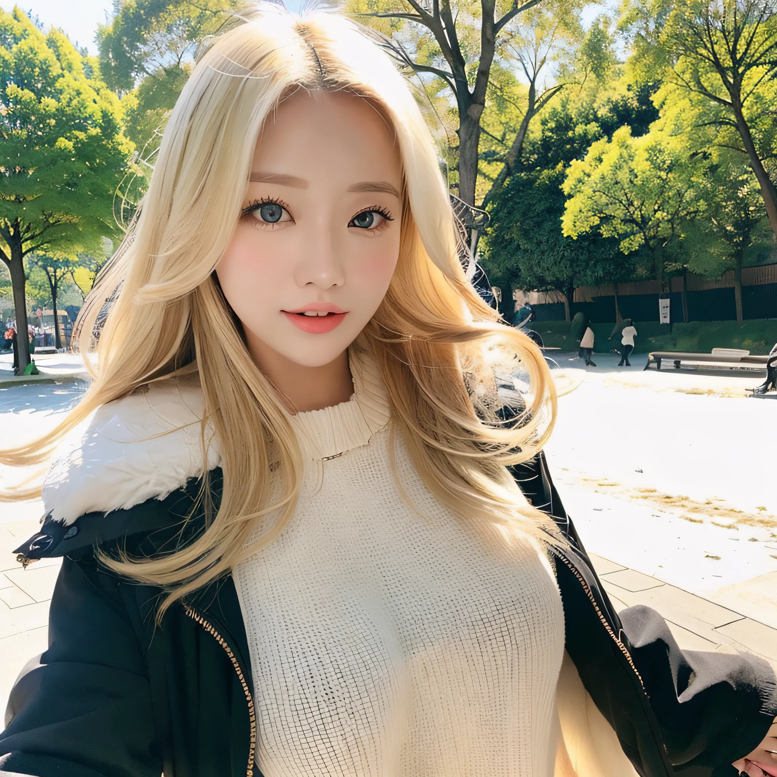 730717681 One lady、a blond、Beautiful skin、Colossal tits、Sunny days、a park、snowscape、Winter Outfit
