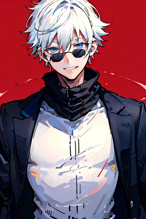 (Masterpiece:1.3),(Best Quality:1.2),8K,absurdress,Unity 8K WallPapper,(Extremely detailed:1.3),supreme,hight resolution,Amazing,illustartion,Beautiful studio soft light,Stunningly beautiful,incredibly absurdres,Vivid details,Cinematic lighting,moody lighting,pixiv,Award-winning, Professional, Highly detailed, Gojo1, 独奏, looking a viewer, Smile, Short hair, long sleeves, 1boy, closed mouth, Standing, jacket, upper-body, white colored hair, male focus, Hand Up, grin, black jacket, Sunglasses, spiked hair, facing viewer, (red background:1.1), high collar, blindfold, (Magic:1.3), (aura:1.3), covered eyes,