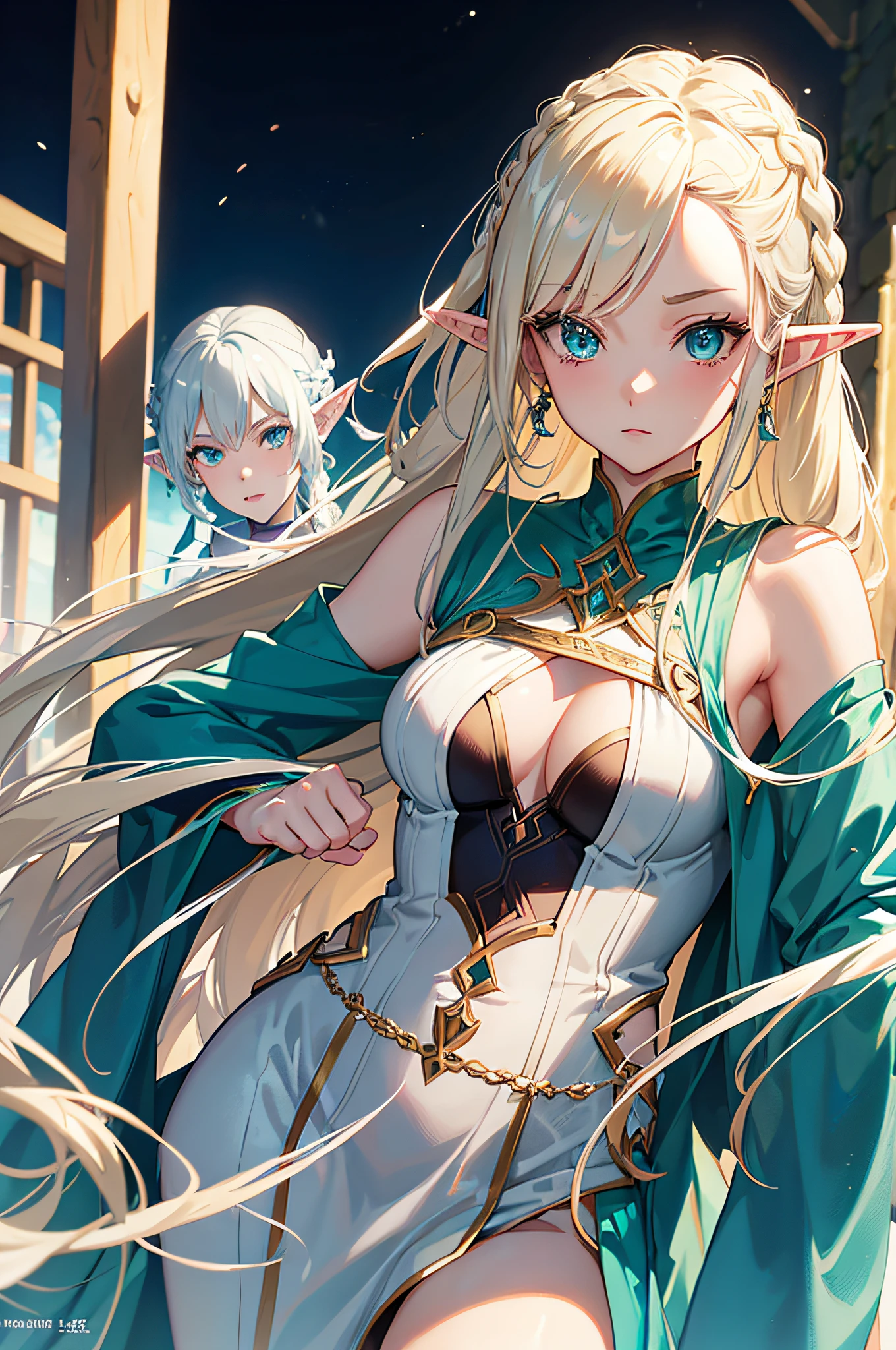 anime. cover magazine. upper body. half body. casual clothes. an elven woman with long platinum blonde hair in braids and turquoise eyes. her ears are long and pointed typical of elves. she wears modern clothes of the current era. her chest is large and she exudes the aura of a mature career woman.