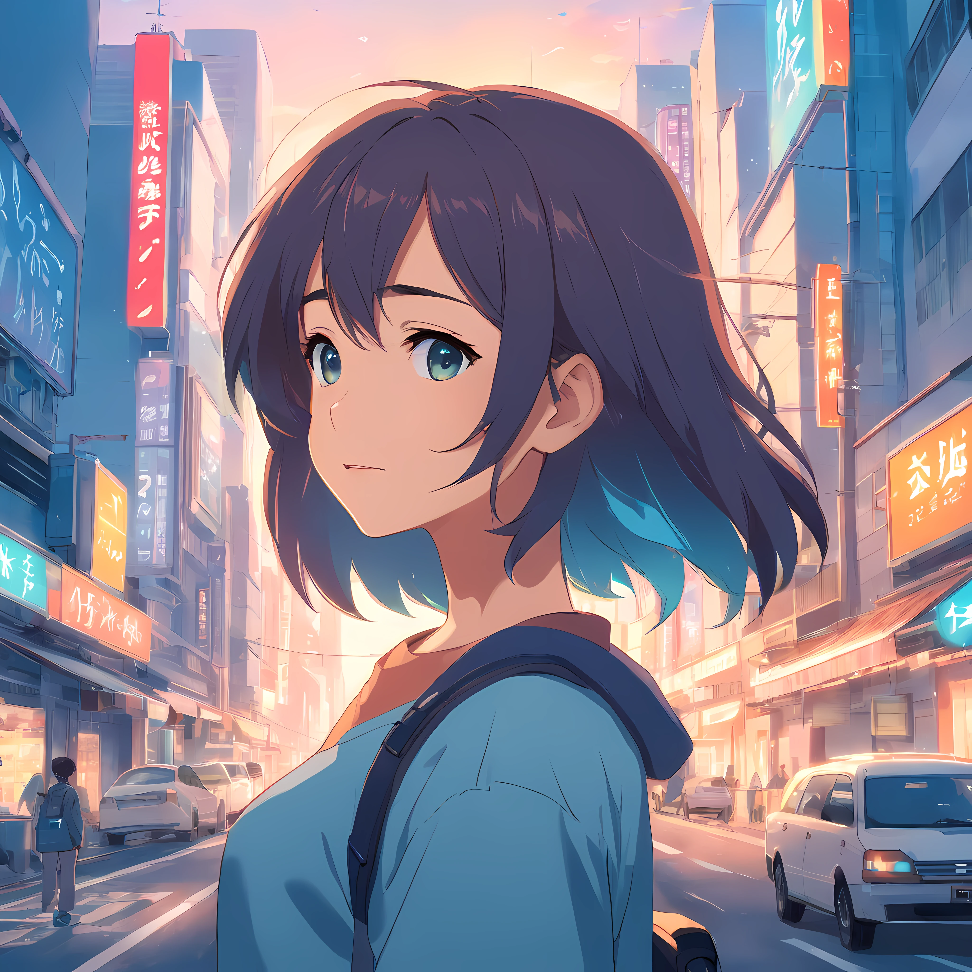 A woman in a blue shirt and backpack standing on a city street - SeaArt AI