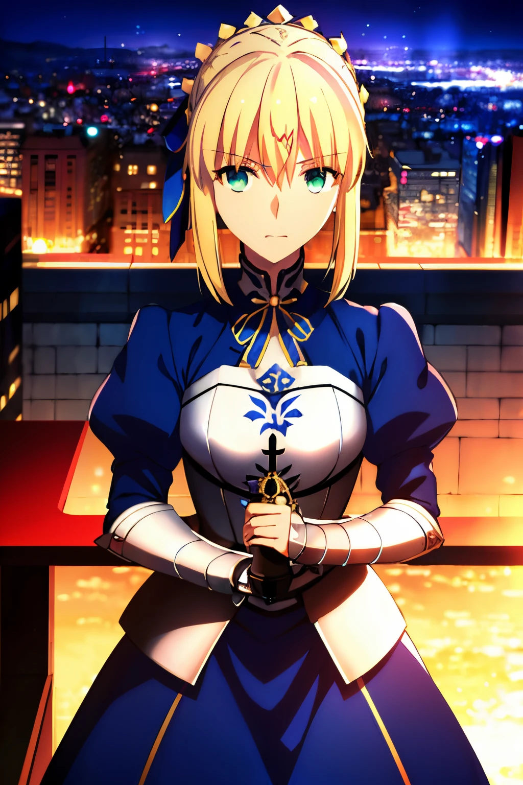 (masterpiece:1.4), (best quality:1.4), 1girl, solo,
(artoria pendragon \(fate\):1.2), saber, blonde hair, ahoge, green eyes, ribbon, armored dress, hair ribbon, dress,
looking at viewer, upper body, 
city, cityscape, sky, night