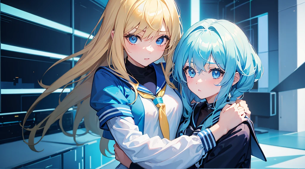 (2 girls, blonde hair, blue eyes, sailor suit, hug), (blue cyberpunk room, blue neon)