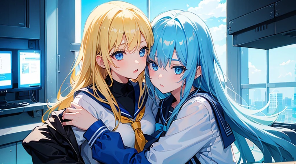 (2 girls, blonde hair, blue eyes, sailor suit, hug), (blue cyberpunk room, blue neon)