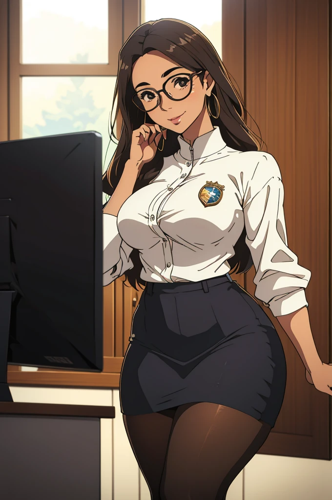 uma linda secretaria morena em pe dentro de um escritorio,usando saia curta apertada com sueter branco,meias pretas apertada,sexy usando oculos,morena sexy meias pretas longas,stocking black sexy, belo sorriso sedutora coxas lindas, belas coxas meias pretas