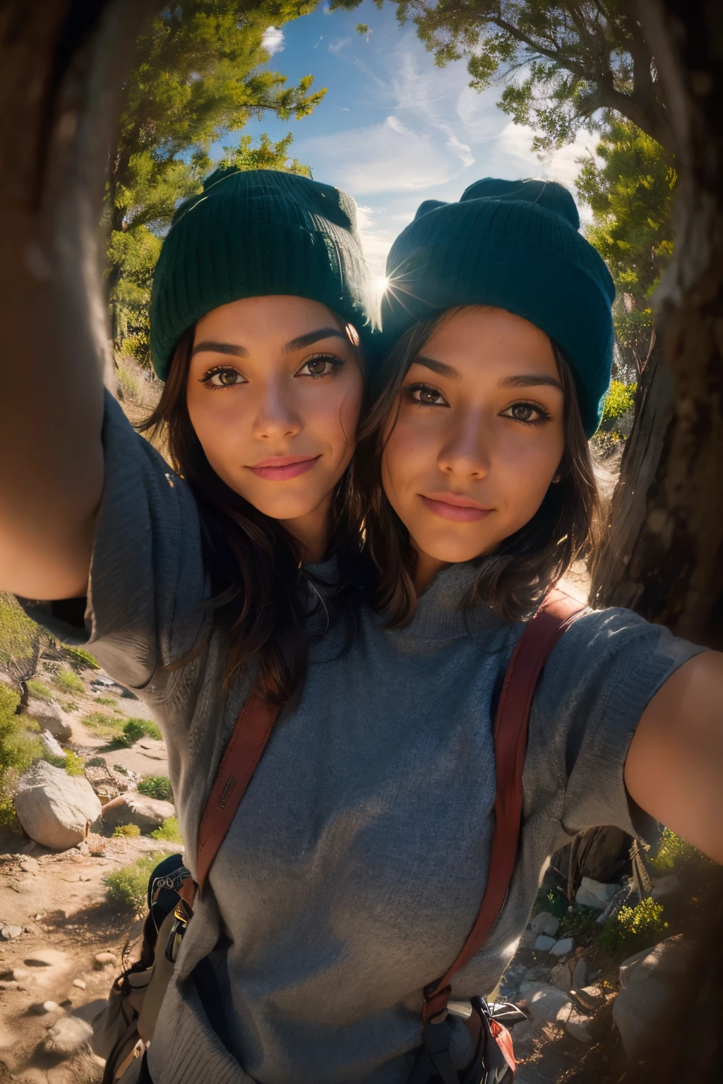 best resolution, 2 heads, latina with two heads, hiking trail background, brown hair, black eyeliner, gray eyes, 22 years old, youthful, wearing hiking gear and a beanie, messy hair, selfie shot