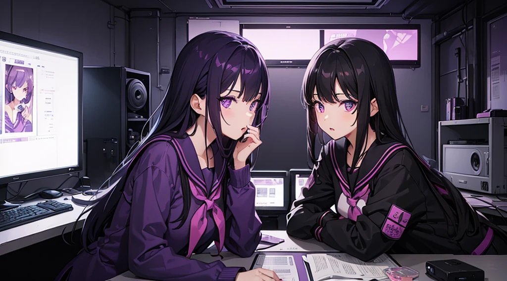 (2 girls, black hair, purple eyes, sailor suit, operating, kawaii), (purple cyberpunk, room with big monitors, purple neon)
