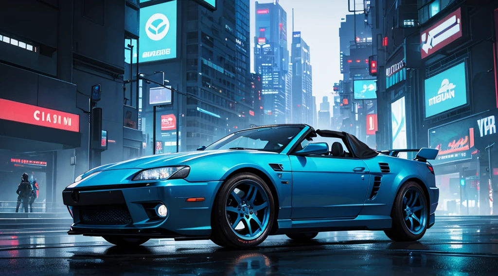 (blue cyberpunk city), (convertible car)