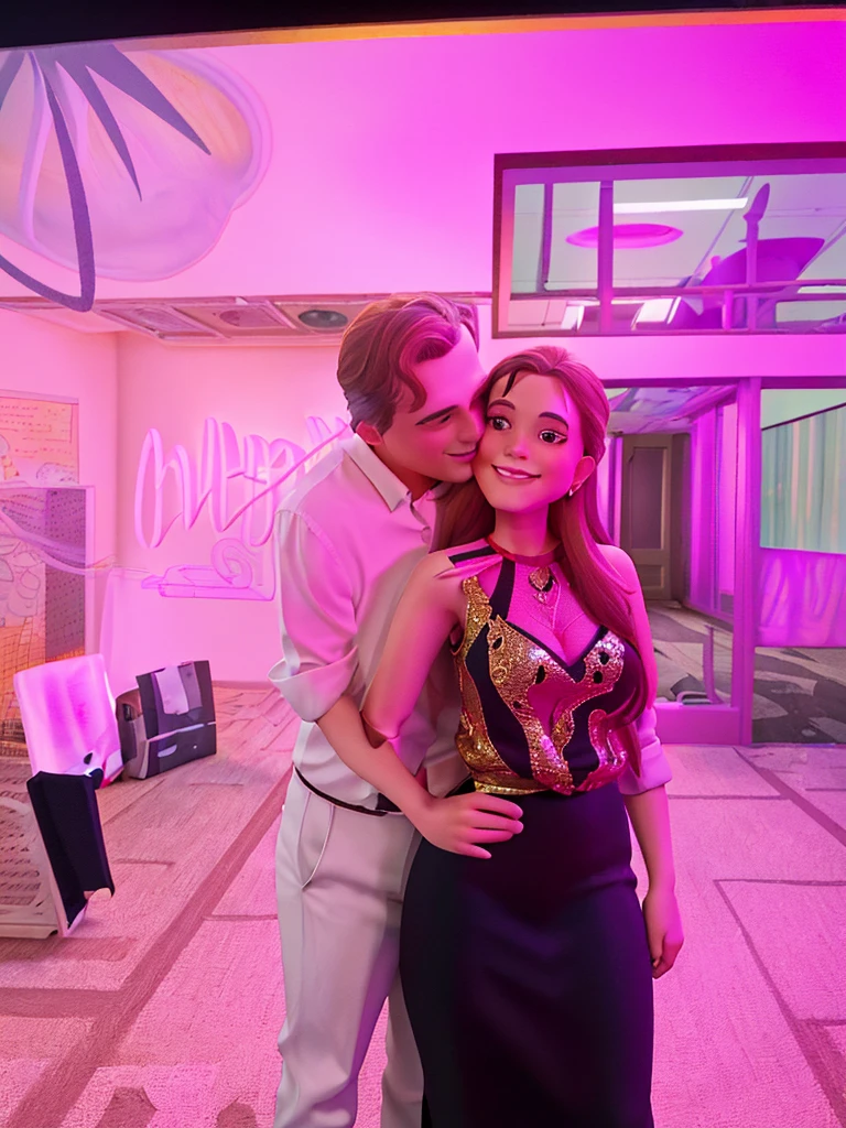 Masterpiece, Excellent, (Office: 1.8), CG drawing with super high detail, standing, women with low tail in evening gown, smiling, man kissing that women in cheek, his one hand is at her waist, facing the audience, illustration, wide angle panorama