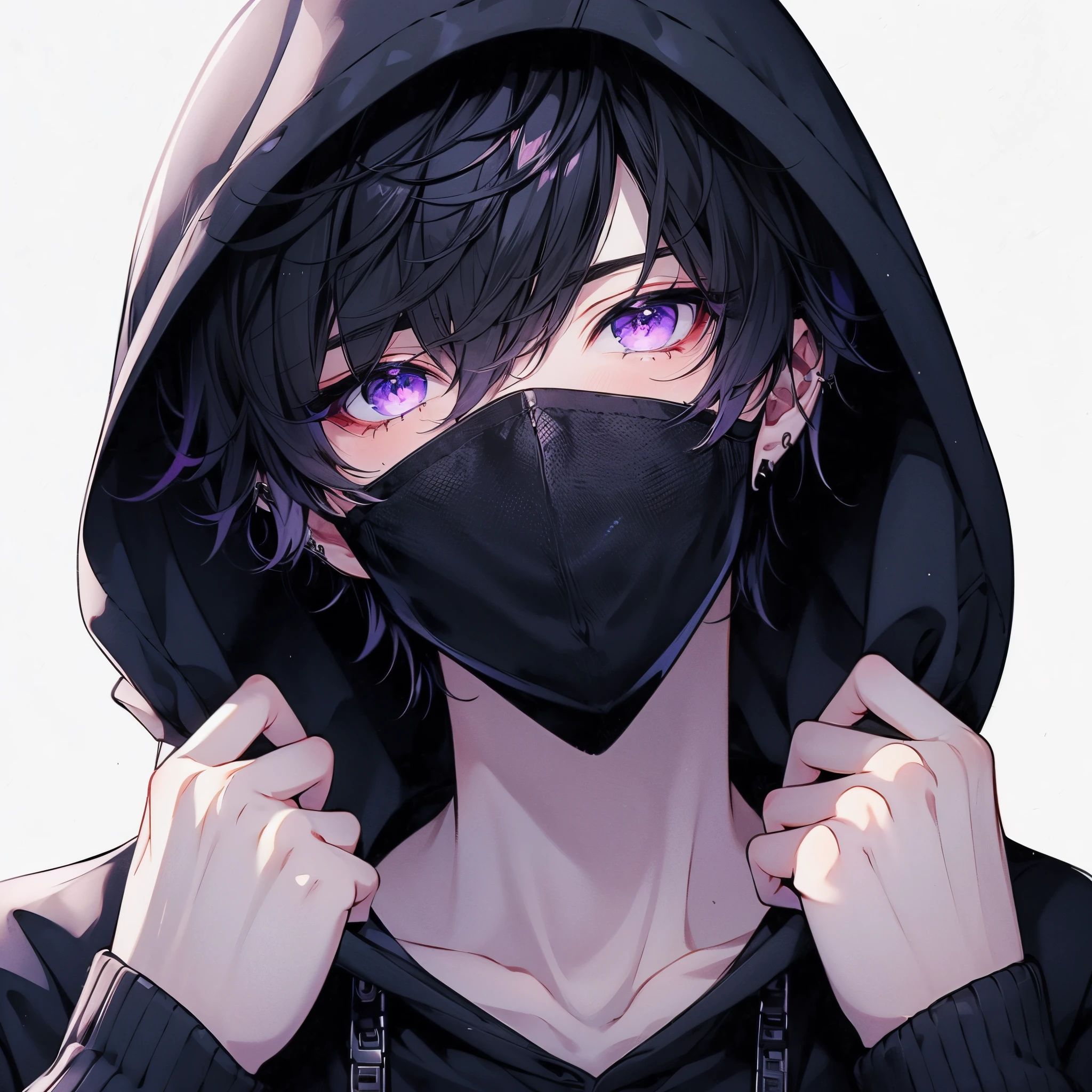 Beautiful young man, Black hair, Purple eyes, Short hair, Black mask, The palm of your shoulder covers your eyes, Black hoodie, Hood Up,High quality, amount of drawing, pixiv illustration