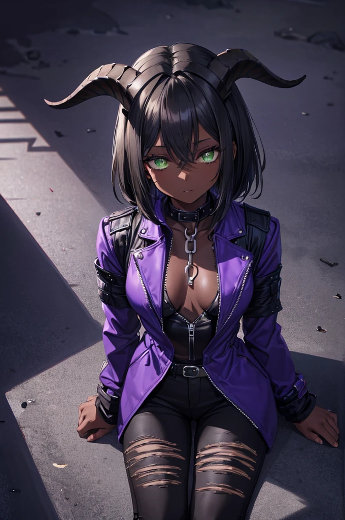 (Masterpiece) (High Detail) (High Res) (Black Skin) Looking from above A young black humanoid FutEred with dark skin and ebony flesh and green eyes and short black hair and goat ears and short dark goat horns and a toned body and small to average breasts dressed like a punk wearing a purple jacket and black jeans