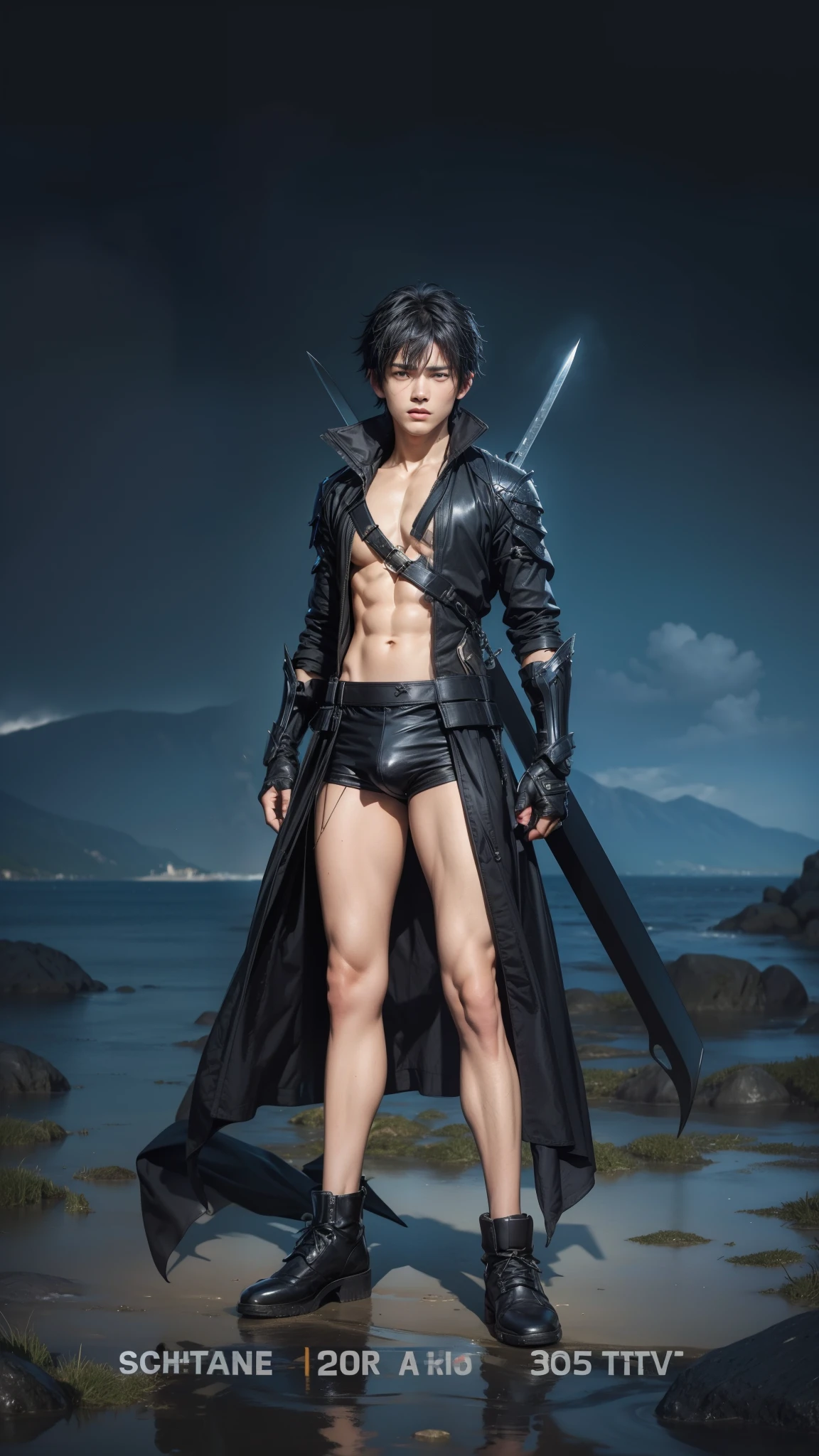 maximum resolution: 1.2), (Ultra HDTV: 1.2), 8K resolution, Eye and skin details, face details, , (Sharp focus: 1, 2), (Precise focuacial expressions: 1,2), 1 Right guy, 18-20 years old, Kirito character, Black hair, 2 Swords on his back, (Naked), Natural skin, No hair, Perfect muscles, 6 pack, Sweat on stomach and chest, Black transparent briefs
