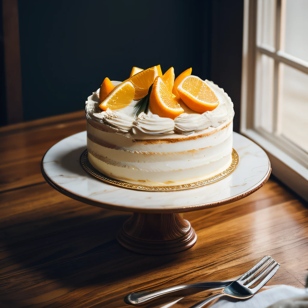 luxurious orange cake, Cinematic, Professional Photography, Natural lighting, advertising photography, Intricate details, ultra-detailliert, A hyper-realistic, 8K UHD