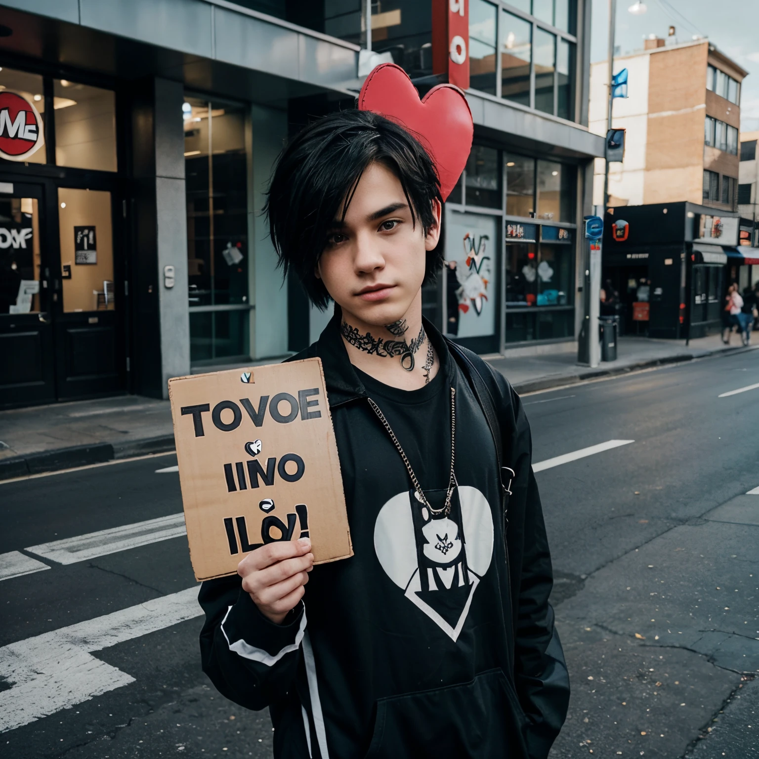 Alt Emo boy holding a sign saying “I ❤️ lapdoll”