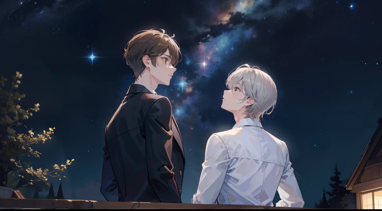 Two men, one with short brown hair and the other with short silver hair, are looking up at the starry night sky. The scene is in high definition.