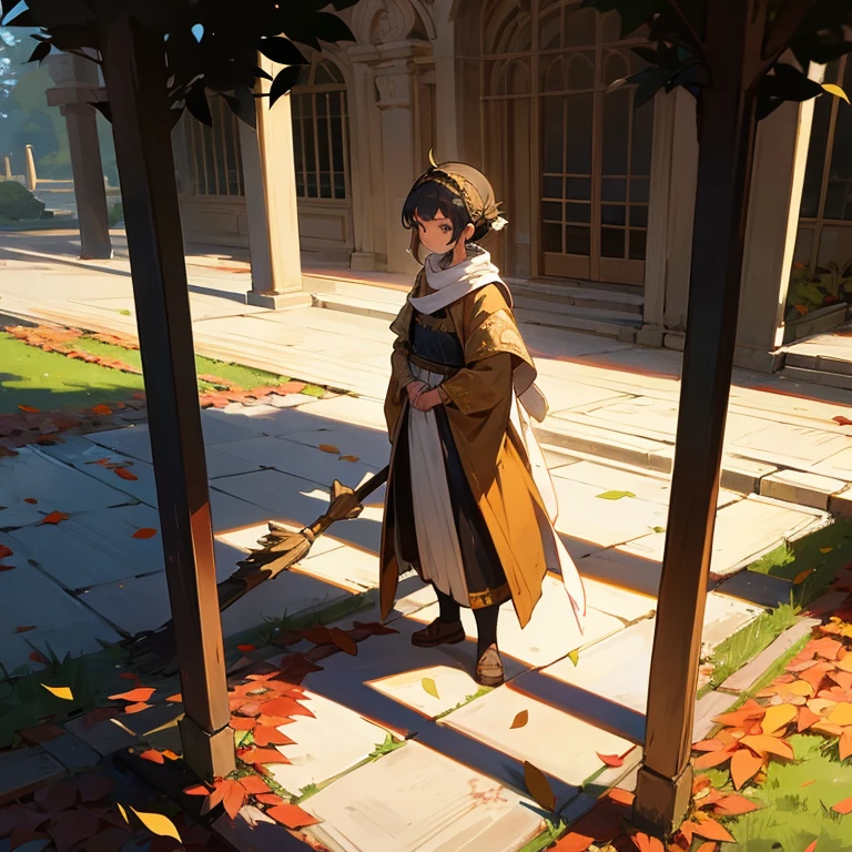 A teenager,Wearing ancient costumes,are standing,Sweeping leaves on the ground,Behind the gate of a mansion