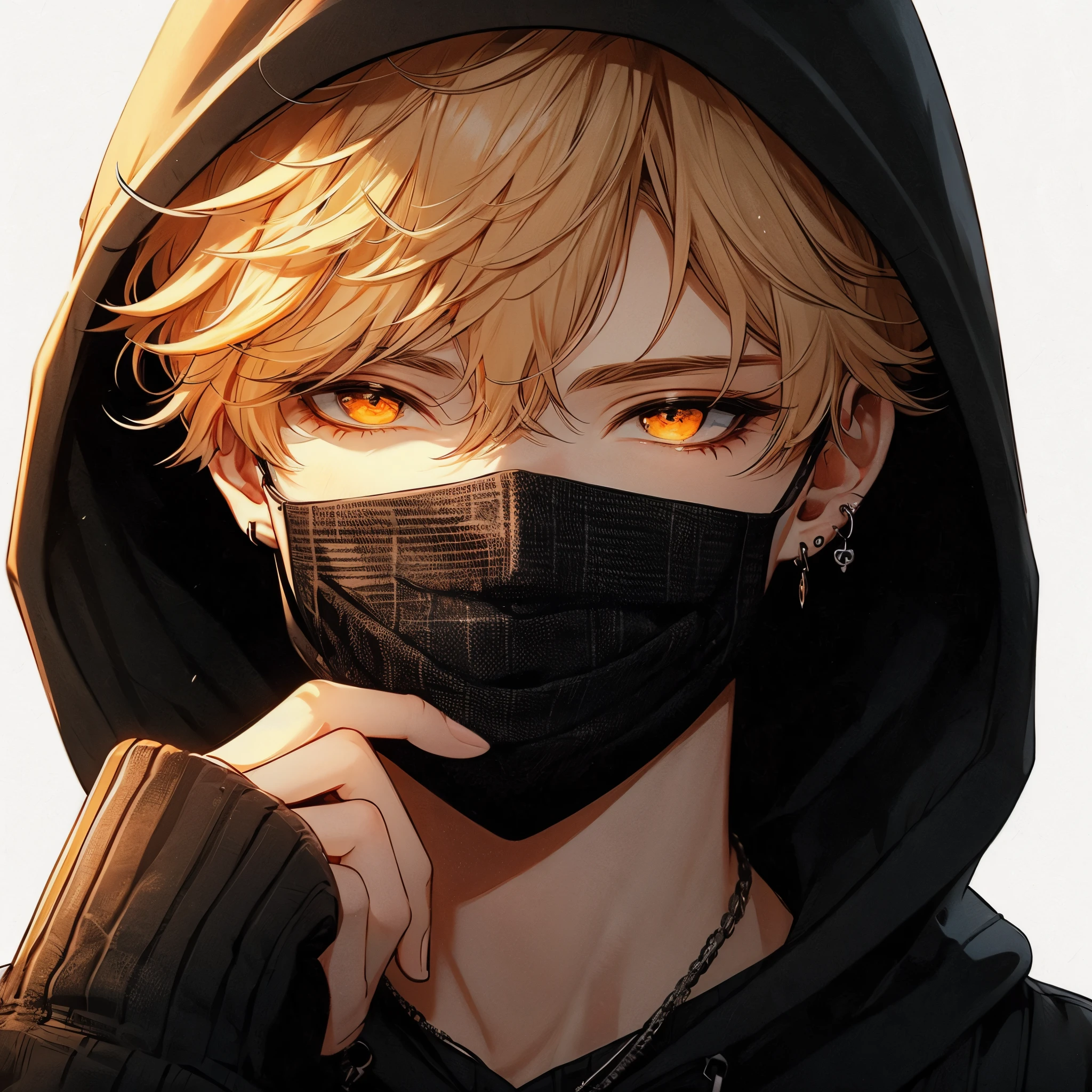 Beautiful young man, a blond, Orange Eyes, Short hair, Black mask, The palm of your shoulder covers your eyes, Black hoodie, Hood Up,High quality, amount of drawing, pixiv illustration