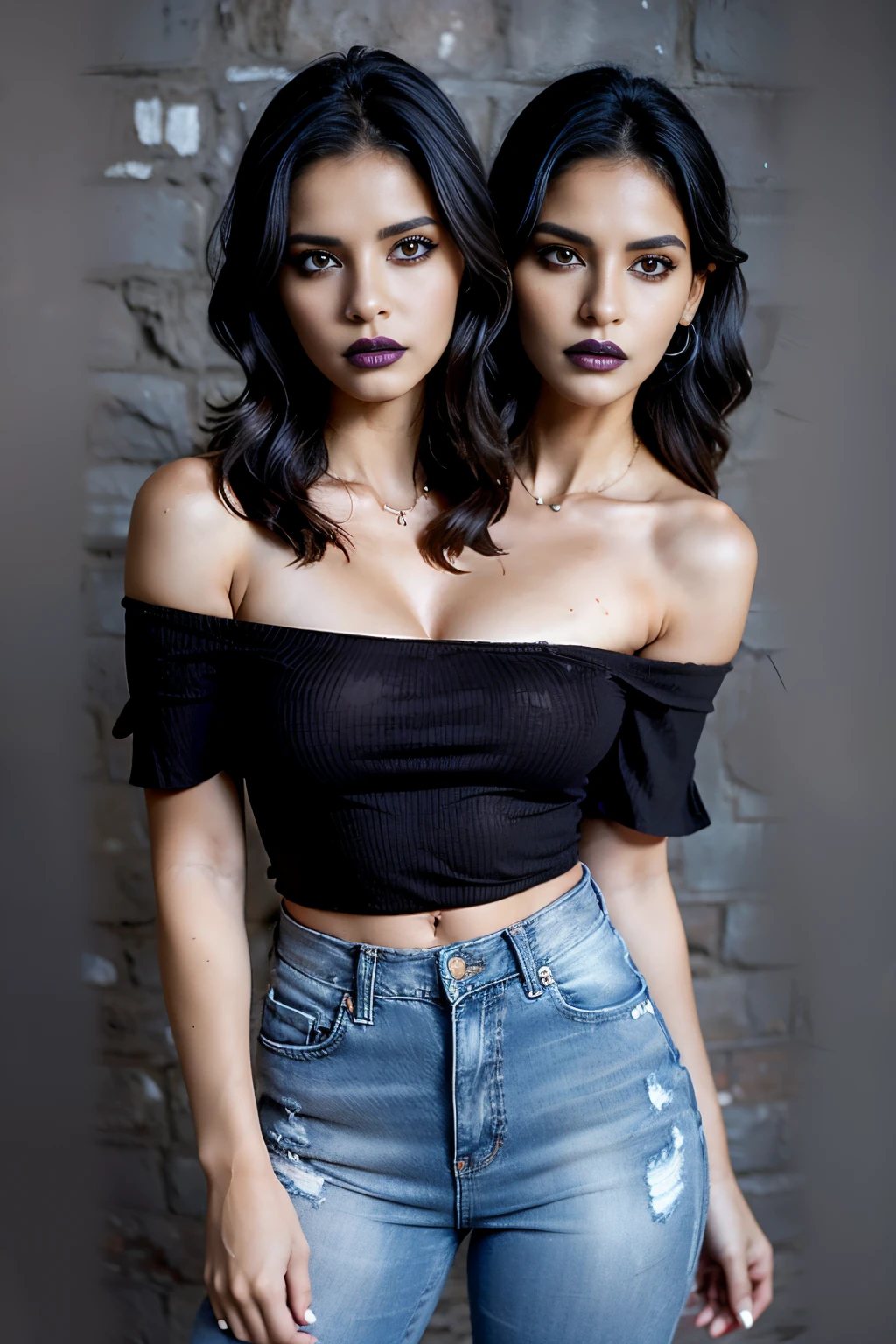 best resolution, 2 heads, latina with two heads, hiking trail background, brown hair, black eyeliner, black lipstick, 21 years old, youthful, fair skin, wearing an off-shoulder blouse and jeans, messy hair, selfie shot