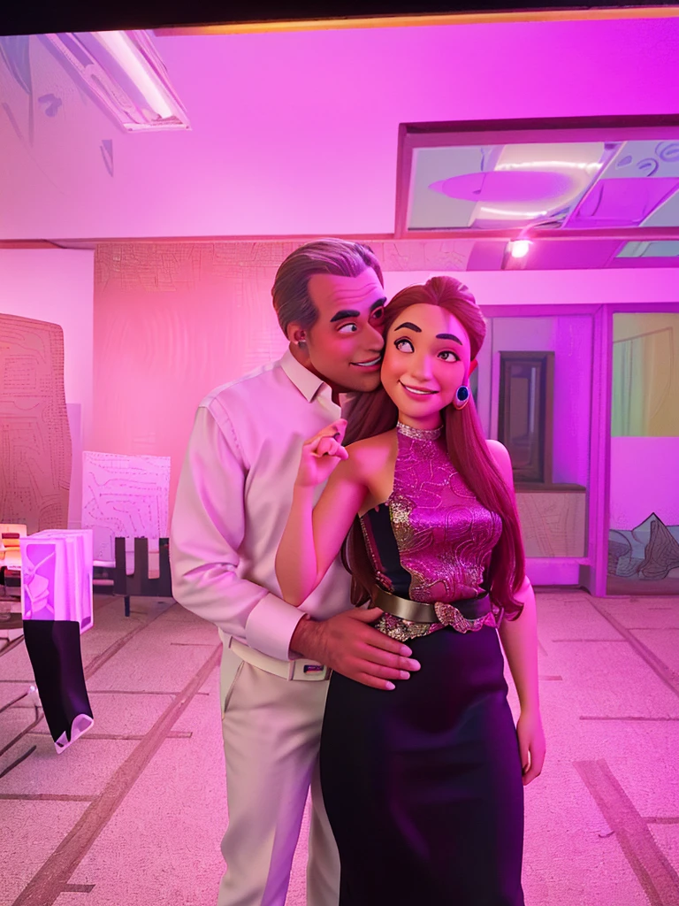 Masterpiece, Excellent, (Office: 1.8), CG drawing with super high detail, standing, women with low tail in evening gown and brow eyes, smiling, a bold man kissing that women in cheek, his one hand is at her waist, facing the audience, illustration, wide angle panorama
