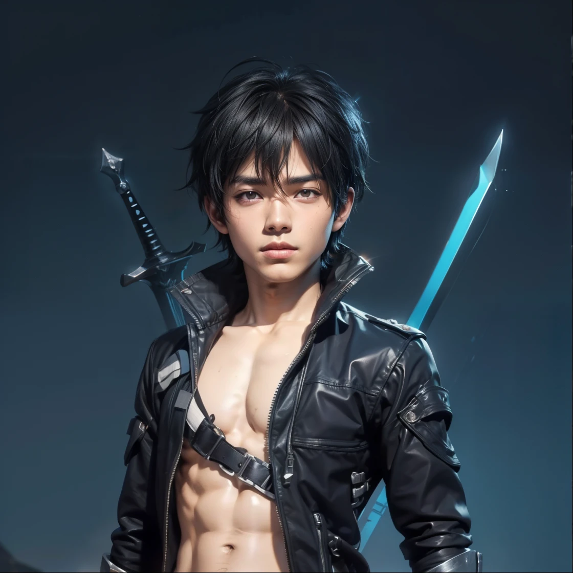 maximum resolution: 1.2), (Ultra HDTV: 1.2), 8K resolution, Eye and skin details, face details, , (Sharp focus: 1, 2), (Precise focuacial expressions: 1,2), 1 Right guy, 18-20 years old, Kirito character, Black hair, 2 Swords on his back, (Naked), Natural skin, No hair, Perfect muscles, 6 pack, Sweat on stomach and chest, Black transparent briefs