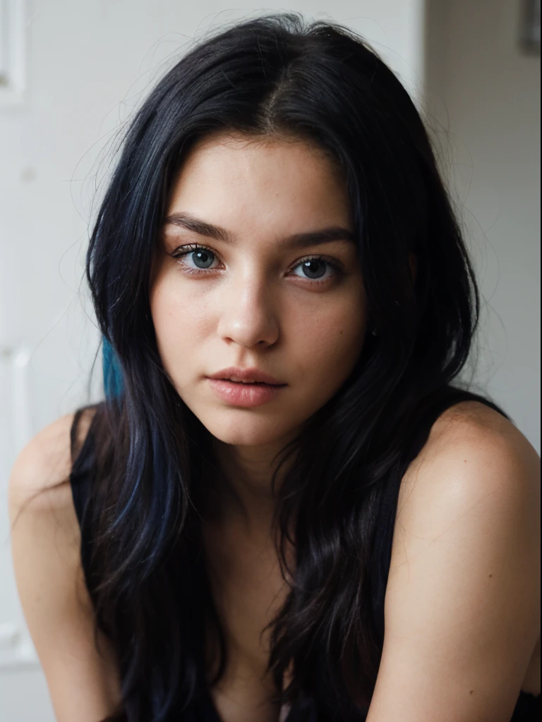 22 year old blue haired model, long hair, portrait, stunning, blue eyes, sexy