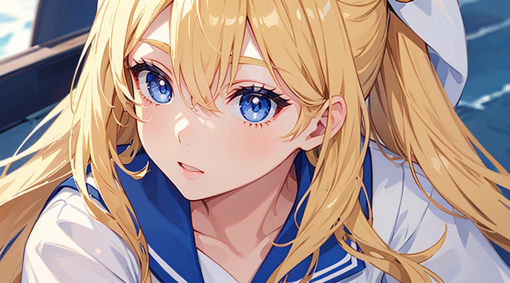 1girl, blonde hair, sailor suit, beautiful blue eyes, close up of eyes