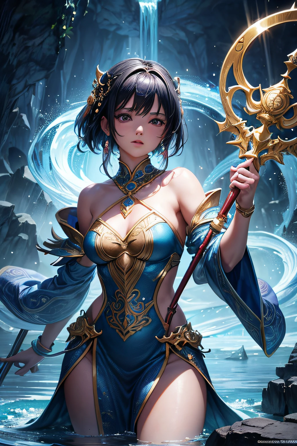 young teen girl, asian girl, water mage, sorceress, magical dress and accesories, wielding a magical staff, controling water around her, ancient cave in background, sexi, small breasts, , highly detailed, vibrant appearance, creative behavior, extremly detailed, imaginative, sensual, spontaneous, highest quality, skin texture, intricate details, (cinematic lighting), RAW photo, 8k, masterpiece,best quality,ultra-detailed,very detailed illustrations,extremely detailed,intricate details,highres,super complex details,extremely detailed 8k cg wallpaper,