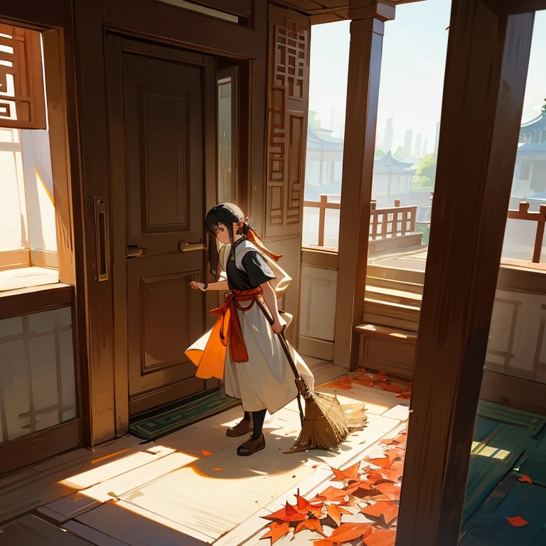 A teenager,Wearing ancient costumes,are standing,Sweeping leaves on the ground,Facing the front door of a Chinese-style house