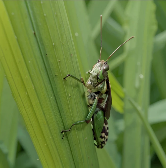 there a grasshopper that sitting on a leaf, with long antennae, insect, face like grasshopper, chelicerae, insects, with long thin antennae, hiding in grass, insectile forearms folded, local close up, locusts and flies, in the high grass, infested with pitch green, by Robert Brackman