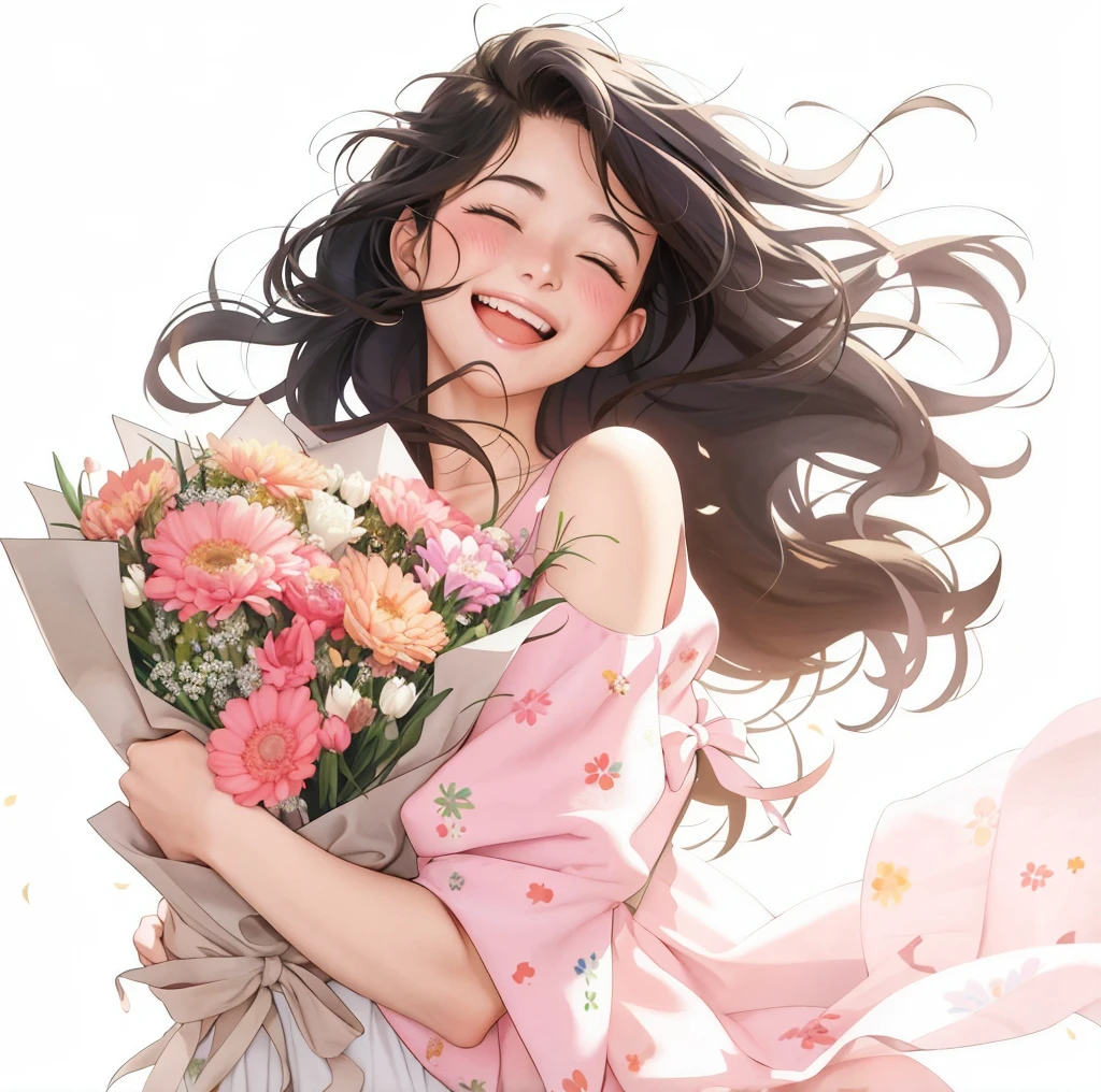 Anime girl with flowers in her hands，With a smile on his face, with flowers, Guviz, she expressing joy, beautiful and smiling, laughing sweetly, Lovely smile, with a beautifull smile, Middle metaverse, by Yang J, Happy and cheerful look, and she smiling，Very happy, Guviz-style artwork、orange bouquet、Illustrations with warm colors overall、Laugh with your eyes closed