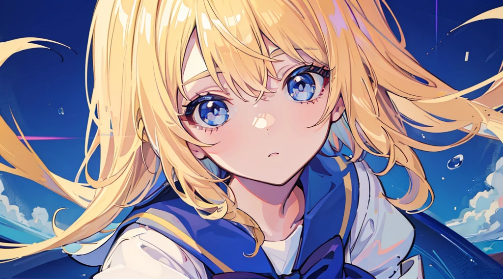 1girl, blonde hair, sailor suit, beautiful blue eyes, close up of eyes