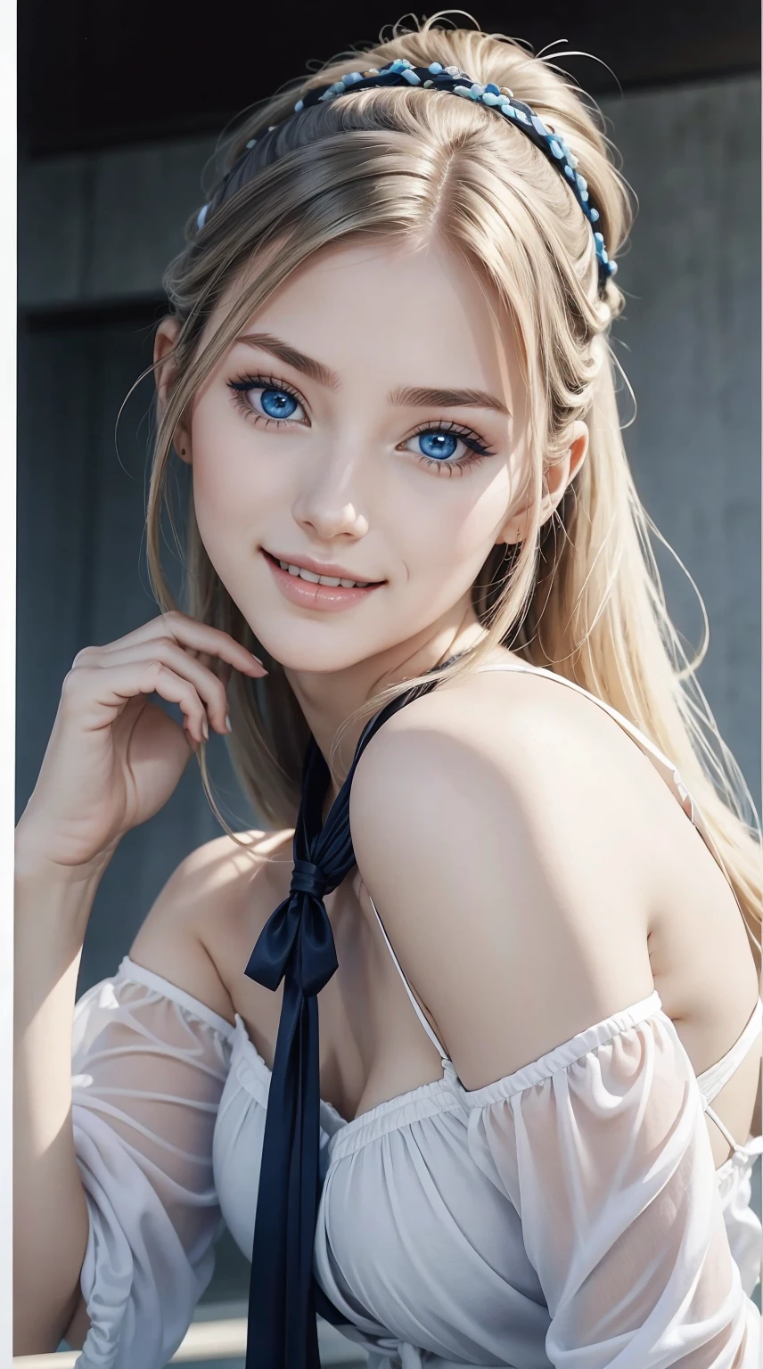 25-year-old Caucasian woman、bionde、blue eyess、Longhaire、I use a hair band to tie my hair together、a smile、cleoopatra