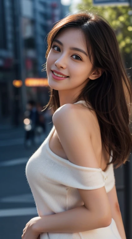 10, master-piece, RAW photo, full entire body, bestquality, photorealistic portrait, extremely detailed cg unity 8k wallpaper, Depth of Field, cinematic light, lens flare, ray tracing, (Very beautiful face........... , beautiful lips, beautidul eyes), Complex face details, ((ultra-detailed skin)) 1girls, In the dark, Deep Shadows, A Beautiful Girl, (The body is very slender... :1.3), ((looking at the audience)),(big smile:1.3), Clear eyes, Front Shot, (pale skin), (Look very far ahead............, (upper body shot), (Brown cooked for the audience............:1.3), Very thin, mediuml breasts, thick thighs,, city scape,(Random trendy clothes, Random clothing color), (Random environment,daylight), (Random environment,in tokyo city)