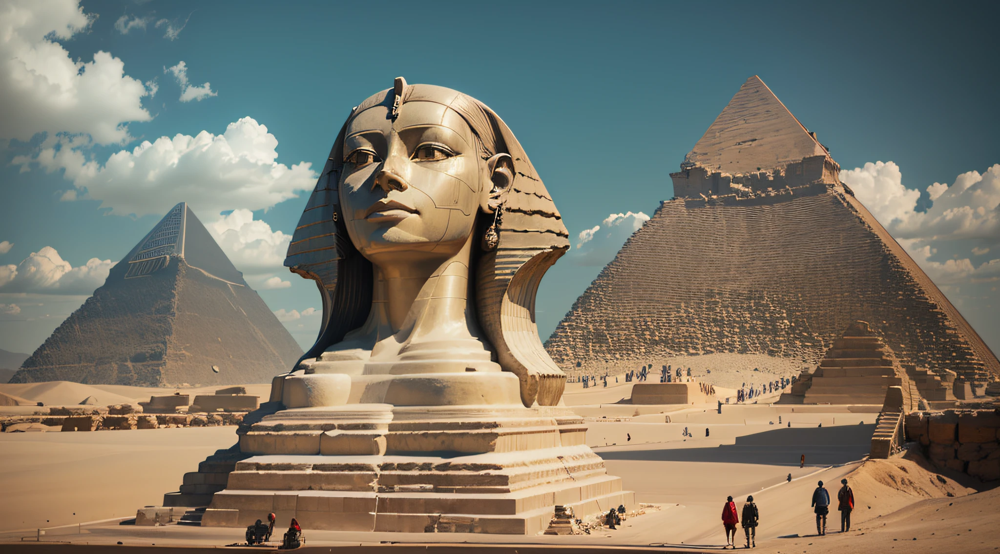BLONDE GIRL with red scarf talking on cell phone ,Ultra realistic photo of the Great Sphinx of Giza, with rich details and using the entire historical database contained in the large network, trazendo todos os detalhes do local e mantendo toda a originalidade do local, using 4k reproduction quality and filters that bring quality to the image, queiu reproduzir fielmente