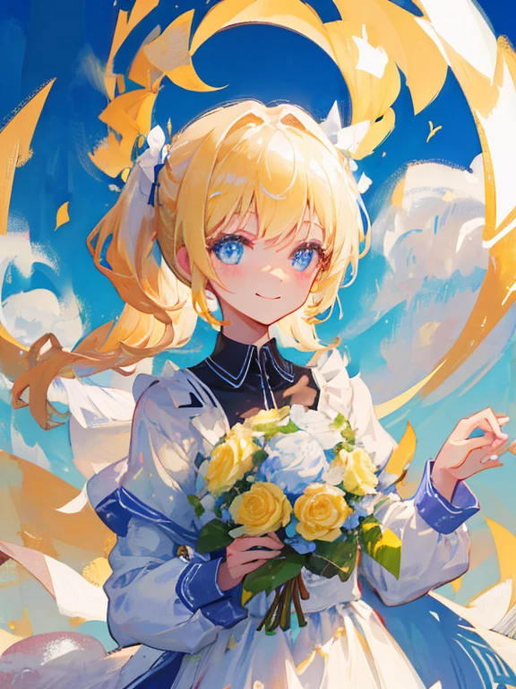 Girl, blond hair, pony tail, blue eyes, Beautiful eyes, Smile, Happy, whitedress, bouquet, holding with both hands, upper-body, on pastures, Golden Sky