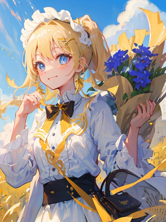 Girl, blond hair, pony tail, blue eyes, Beautiful eyes, Smile, Happy, whitedress, bouquet, holding with both hands, upper-body, on pastures, Golden Sky