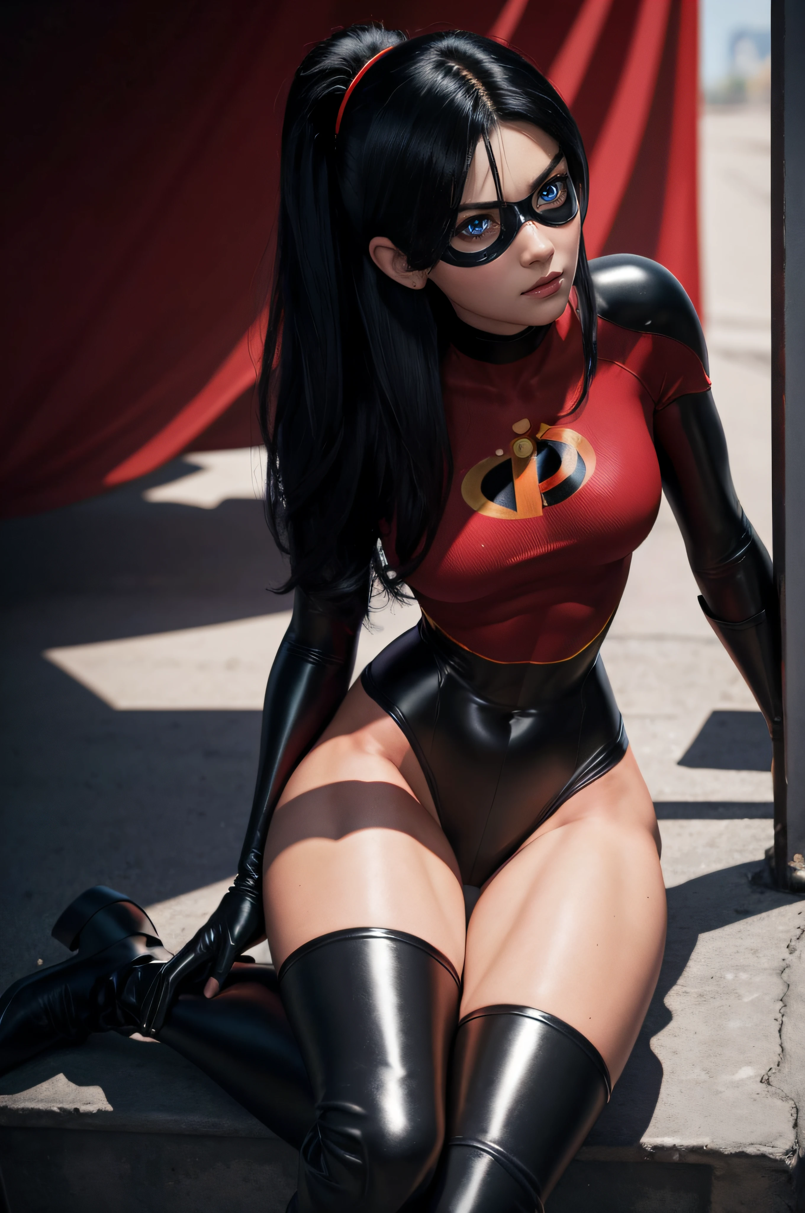 ripped skintight red and black clothes with the incredibles logo on, tall black shiny boots. black mask around eyes, long straight black hair, blue eyes, cleavage, sexy violet parr, masterpiece, high res, 32k (perfect anatomy:1.5), perfect legs, perfect arms