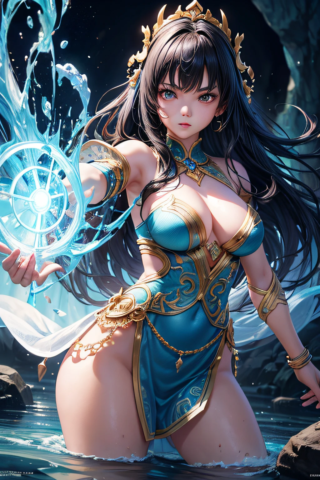 ********** girl, asian girl, water mage, sorceress, magical dress and accesories, wielding a magical staff, controling water around her, ancient cave in background, sexi, small breasts, , highly detailed, vibrant appearance, creative behavior, extremly detailed, imaginative, sensual, spontaneous, highest quality, skin texture, intricate details, (cinematic lighting), RAW photo, 8k, masterpiece,best quality,ultra-detailed,very detailed illustrations,extremely detailed,intricate details,highres,super complex details,extremely detailed 8k cg wallpaper,