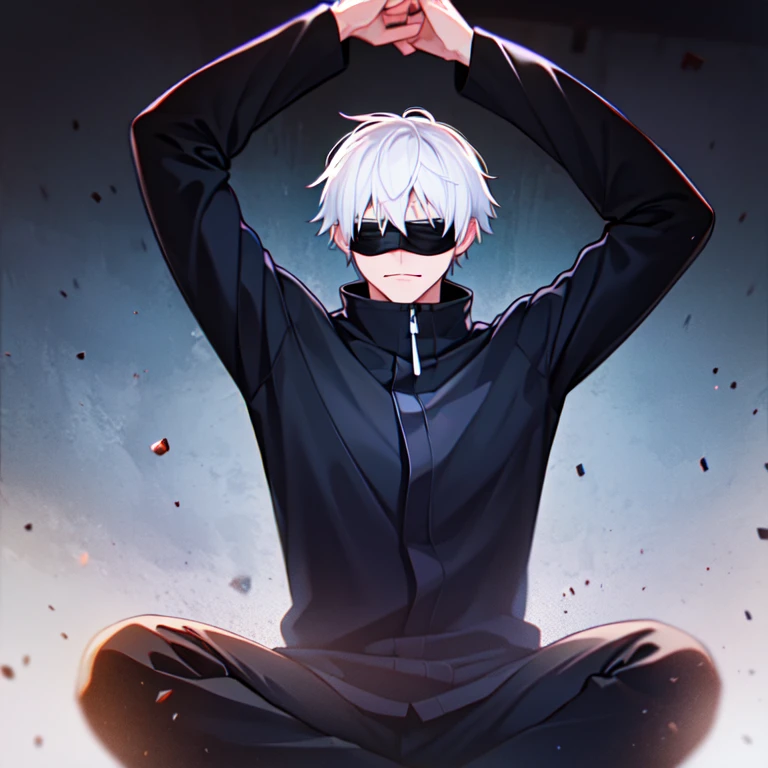 short white hair, blue eyes, blindfolded, Charming, Lonely, Black clothes, High & Cold