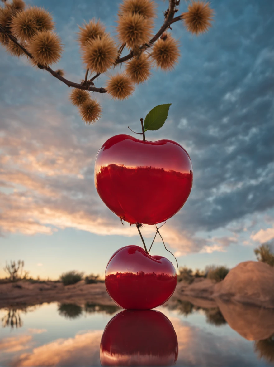 (Portrait shot, ultra-detailed, best quality, photorealistic:1.37, 4k, realistic, photography, an inflated cherry with shiny reflections, floating in the sky, in Arizona desert, blue sky with clouds, vibrant colours, 35mm)