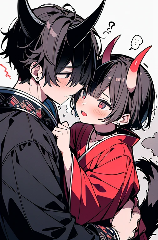 4k、ultra-detailliert、Official art、(((Man to man、Two men、Men with a normal body type、Same age、Good mood、glad、adult male twins、steam、muscular man with perfect big horns、perfect eyes)))、geisha、Hands gripping the waist、Trance、cum on、Black-haired and blonde、Two men diametrically opposed、Two people laughing、stare at each other、stroking the head、animal ear、Animal tail、Kimono、Men with broad shoulders、Tight Fit Undershirt、Hugging the waist、Kissing between men、put out the tongue、red blush、perspiring、Troubled face、Sleep in bed、
