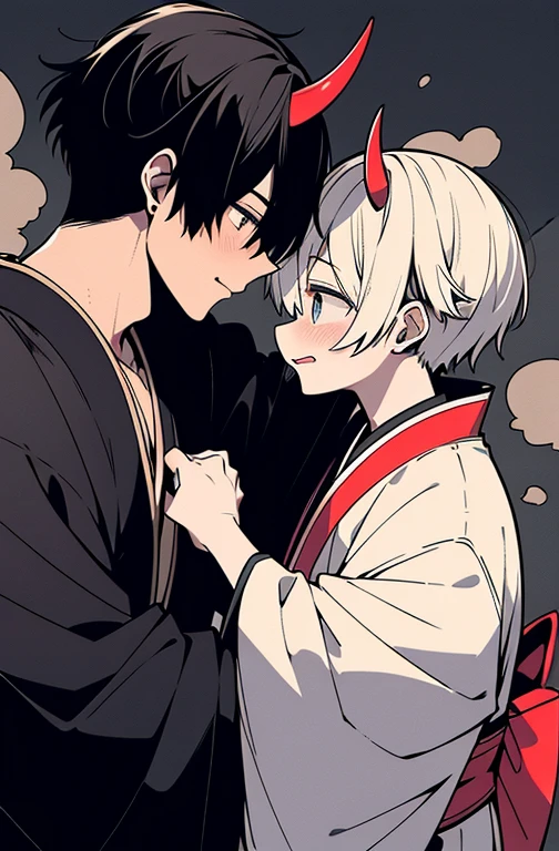 ４ｋ、ultra-detailliert、Official art、(((Man to man、Two men、Men with a normal body type、Same age、Good mood、glad、adult male twins、steam、muscular man with perfect big horns、perfect  eyes)))、geisha、Hands gripping the waist、Trance、??? on、Black-haired and blonde、Two men diametrically opposed、Two people laughing、stare at each other、stroking the head、animal ear、Animal tail、Kimono、Men with broad shoulders、Tight Fit Undershirt、Hugging the waist、Kissing between men、put out the tongue、red blush、perspiring、Troubled face、Sleep in bed、