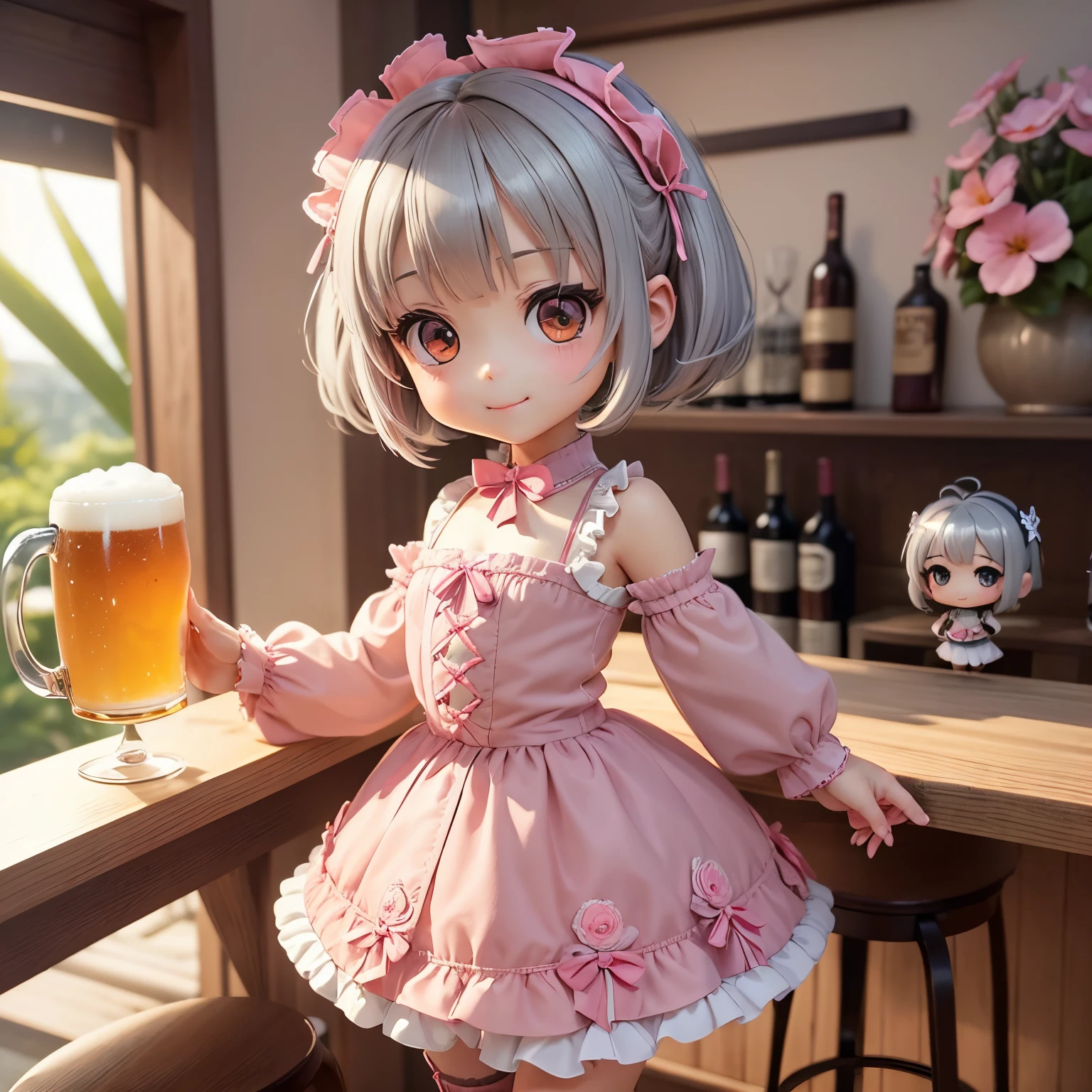 masterpiece、top-quality、ultra-detailliert、(Only chibi character girls:1.27)、Gray Hair Bob、Girls Ruffles Long Sleeve Ribbon and Stitching Flower Mesh Pink Tutu Dress、holding a mug of frothy beer、Holding a wine glass、Enjoy tropical cocktails、A smile、Full-body standing figure、a bar counter