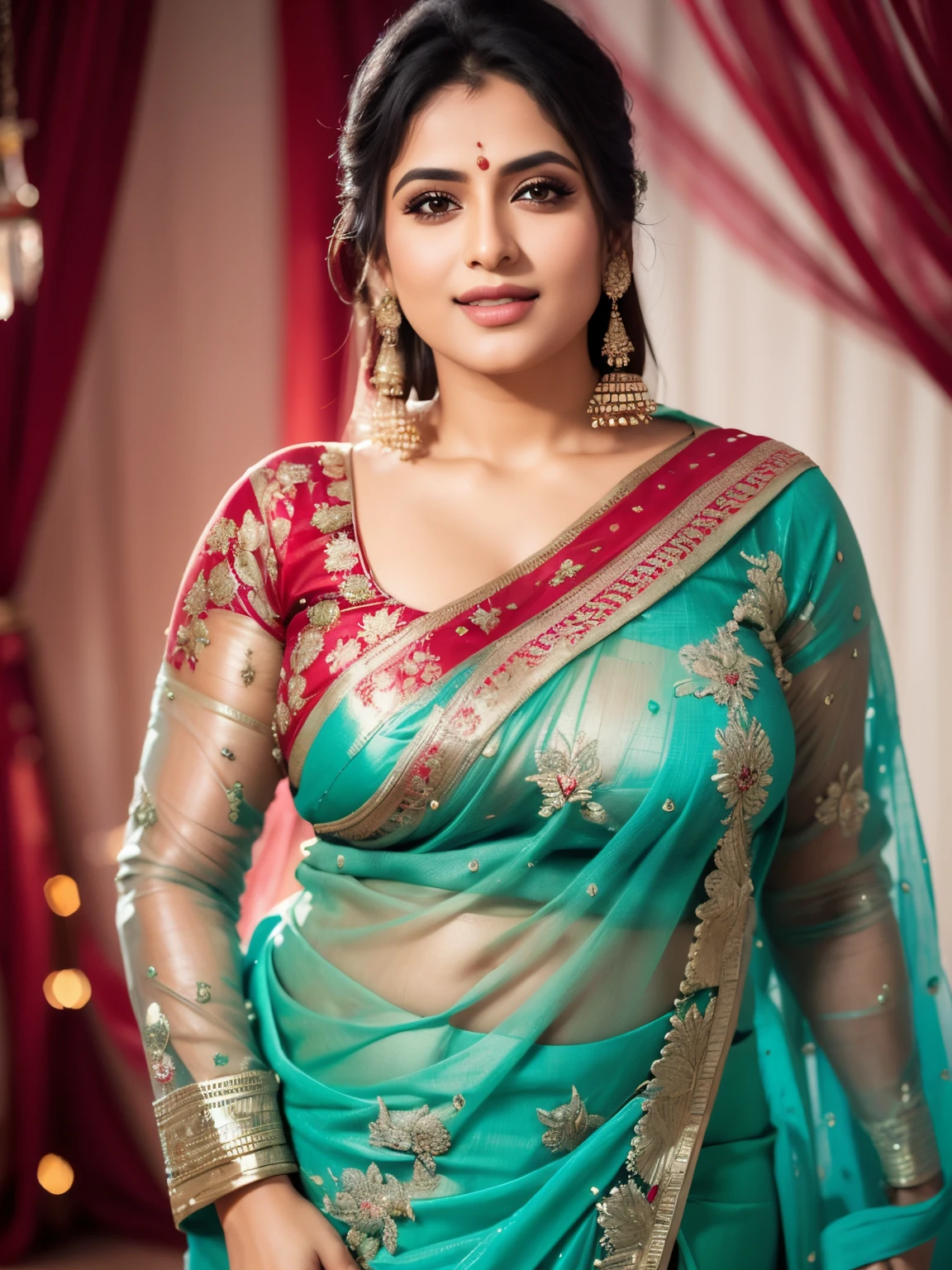 Beautiful photograph of Nilima Simran with thick body, in wearing sari fantasy background, wolf behind, fireflies, misty, natural lighting, perfect face, perfect eyes, perfect lips,
